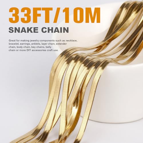 33FT 4mm Stainless Steel Gold Snake Chains Roll Bulk for Jewelry Making | 18K Gold PVD Plated 304 Stainless Steel Flat Snake Chains Roll Spool for DIY Craft - color: 4.0mm Gold Flat Snake Chains