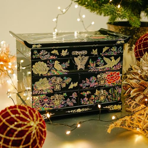 February Mountain Mother of Pearl Wooden Jewelry Organizer Box – Jewelry Storage Box for Women, Features Spacious Drawers, Ideal for Rings, Bracelets, Watches, Chains, Accessories (Peacock) - style: Peacock