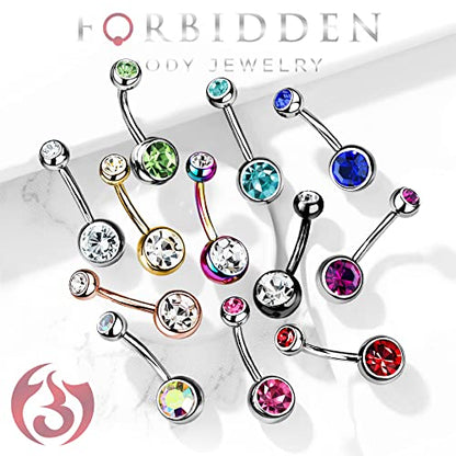 Forbidden Body Jewelry 14g Titanium Double Jeweled CZ Crystal Belly Button Ring - color: Aqua Blue