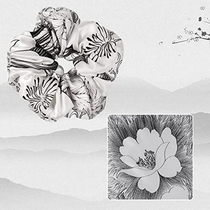 OLESILK 100% Mulberry Silk-Scrunchies for Hair Sleep, Women Grils Silk Hair Ties for Frizz & Breakage Curly Hair, No Damage, Elastics Ponytail Holder, 3 Pack - color: 3pcs, Black-Gold-Black and White Floral