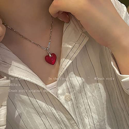 Yocoyee Dainty Colorful Glass Heart Shape Pendant Necklace Stainless Steel Link Rope Chian Love Heart Charms Pendant Necklace Y2K Trendy Jewelry Accessories for Women Jewelry - color: Red