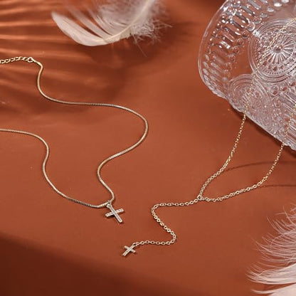 Dochais Dainty Gold Layered Necklace for Women, 14K Gold Plated Y Necklace & Chain, Dainty Lariat Long Necklaces, Trendy Cubic Zirconia Choker, Sun, Heart, Pearl & Cross Pendant Necklace, Jewelry Gift - color: Y Layered Cross Pendant Lariat-GD