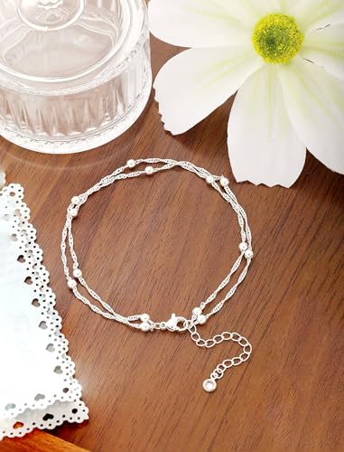 Dainty Anklets for Women, 14K Gold Plated & Sterling Silver Plated Ankle Bracelets, Adjustable, Waterproof & Hypoallergenic Summer Beach Foot Jewelry in Assorted Styles - style: 2 anklet beads silver