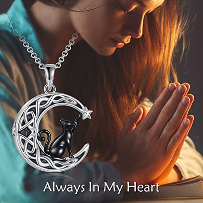 925 Sterling Silver Moon Black Cat Necklace for Women Cat Jewelry - style: E-Moon Black Cat Urn Necklace