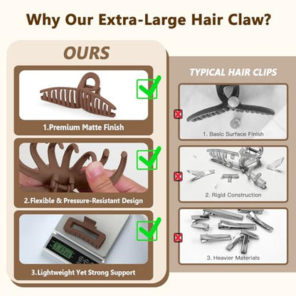 Matte 5 Inch Large Hair Clips for Thick Hair, Brown, 4 Pack | Extra large hair claw clips in brown, designed for secure hold and everyday styling - color: Matte: Brown