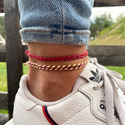 Made by Nami 2 Pcs Wave String Ankle Bracelets for Women Waterproof & Adjustable Thin Braided Anklet Surfer Boho Ankle Bracelet Set of 2 Beach Accessories - color: Dark Red Set