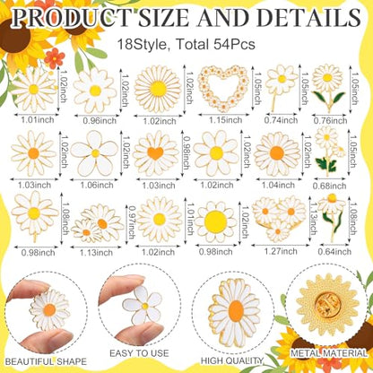 Tondiamo 24/54 Pcs Flower Alloy Enamel Pins Floral Brooch Lapel Pin for Spring Birthday Party Favor Women Jewelry Gift - style: Daisy