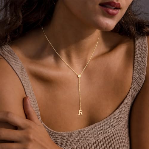 14K Gold Plated Initial Y Necklace for Women,CZ Letter Lariat Necklace | Dainty Long Necklace Y-Shaped Drop Letter Pendant Adjustable 16.5"+2" Long Chain Shiny CZ Trendy Jewelry Gift For Her - color: R