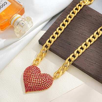 Gold Cuban Link Chain Necklace with Red Crystal Heart Pendant, Statement Chunky Curb Link Chain，Fashion Jewelry for Women - color: Red