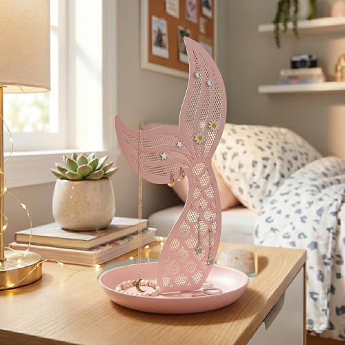 Earring Holder Organizer for Girls, Pink Mermaid Tail Metal Earring Stand with Tray for Rings, Bracelets and Necklaces, Cute Vanity Display - color: Pink Mermaid Tail