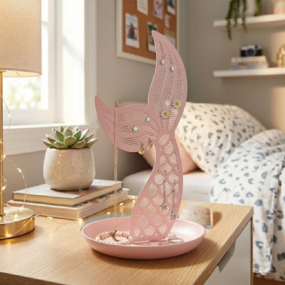 Earring Holder Organizer for Girls, Pink Mermaid Tail Metal Earring Stand with Tray for Rings, Bracelets and Necklaces, Cute Vanity Display - color: Pink Mermaid Tail