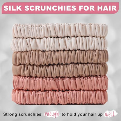 6Pcs Silk Hair Ties 100% Pure Mulberry Silk Scrunchies for Women Girls | No Hair Crease, Anti Frizz, Gentle Hold, No Damage, Color 12 - color: Color 12
