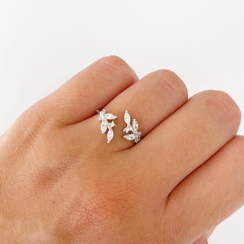 Gold Rings Non Tarnish Silver Adjustable Rings for Women Cubic Zirconia Leaf Ring Dainty Silver Stackable Ring for Women - style: silver