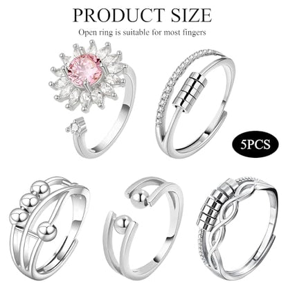 5pcs Adjustable Open Stainless Steel Stress Spinner Rings for Women Calming Anxiety Fidget Band Aesthetic Cute Thumb Jewelry Set Cool Stackable Accessories