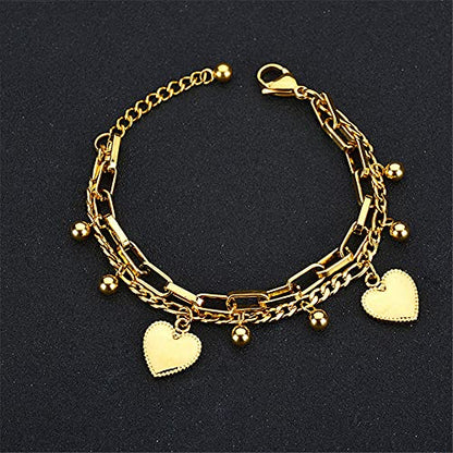 kelistom 316L Stainless Steel Love Heart Charm Bracelet for Women Romantic Gift Silver/Rose/18k Gold Plated OT Clasp Bracelets - color: 2-heart gold