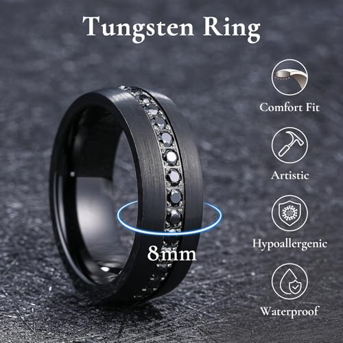 King Will Mens Tungsten Wedding Band with Cubic Zircon Inlay 7mm/8mm Flat Cut Comfort Fit Engagement Rings - color: A-Black Domed-8mm