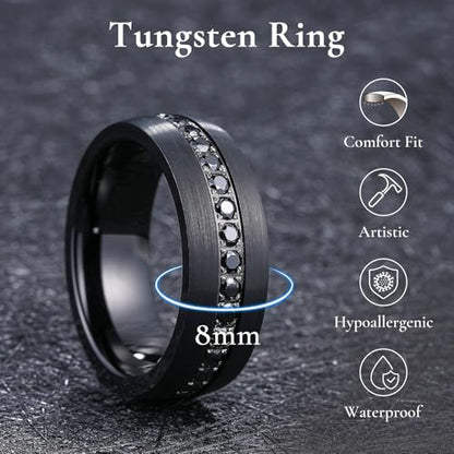 King Will Mens Tungsten Wedding Band with Cubic Zircon Inlay 7mm/8mm Flat Cut Comfort Fit Engagement Rings - color: A-Black Domed-8mm
