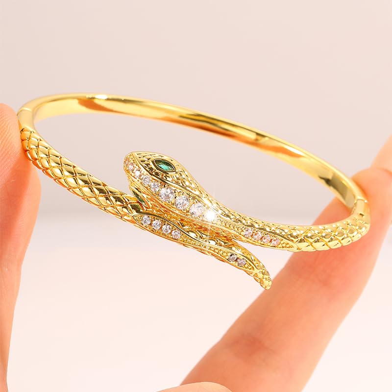 Gold Snake Bangle Bracelet for Women, Cubic Zirconia Copper Cuff Jewelry | Gold-plated copper snake cuff with cubic zirconia, green stone accent and comfortable open cuff design.