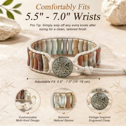 MOINSPIRE Boho Beaded Bracelets for Women - Adjustable Handmade Wrap Bracelet with Tube Natural Stone Beads, Colorful Beaded Strap Bohemian Jewelry Braided for Birthday Gifts - color: Agalmatolite