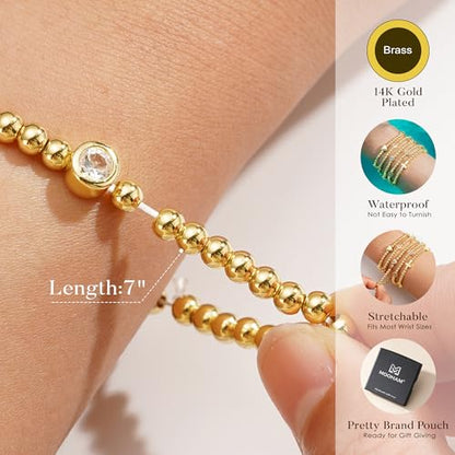 M MOOHAM Gold Beaded Charm Bracelets for Women Girls Non Tarnish | 14K Gold Plated, Dainty CZ Heart Smile Face Cross Charm Stretch Bead Bracelet for Women Teenage Teen Girls - color: Round CZ