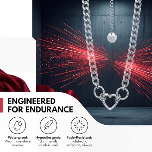 Punk O-Ring Choker Necklace for Women Men Non tarnish Chunky Stainless Steel Cuban Link Chain Collar Necklace Adjustable Goth Statement Jewelry Accessories - color: silver Heart ring