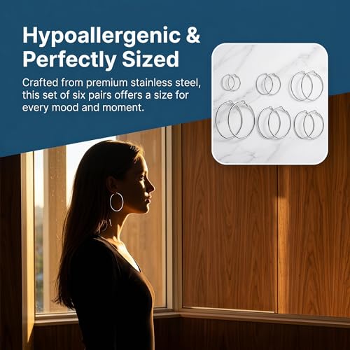 6 Pairs Silver Hoop Earrings for Women | Hypoallergenic Stainless Steel Lightweight Small Medium Large Hoops Set, 20-70mm Clip on Sterling Silver Post Jewelry
