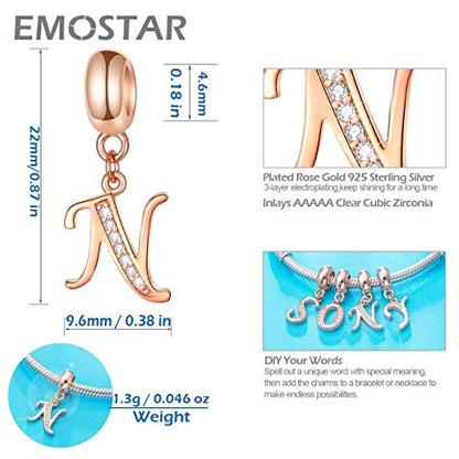 EMOSTAR Letter Charms Initial A-Z Alphabet Beads, Rose Gold 925 Sterling Silver Dangle CZ Birthstone Pendant, Gifts for European Charm Bracelet/Mothers Day/Birthday - color: Letter N