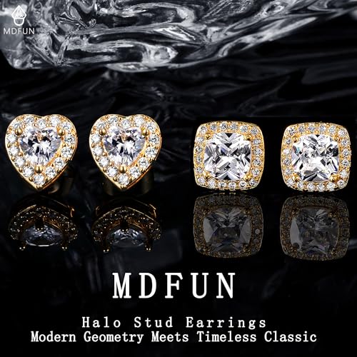 MDFUN Halo Stud Earrings 18K Gold Plated Round/Square/Heart/Teardrop Cubic Zirconia Earrings Set for Women - color: B-Square/Heart