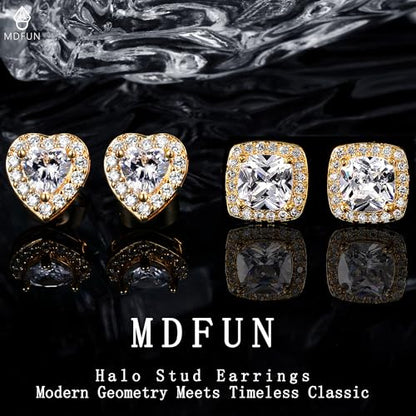 MDFUN Halo Stud Earrings 18K Gold Plated Round/Square/Heart/Teardrop Cubic Zirconia Earrings Set for Women - color: B-Square/Heart