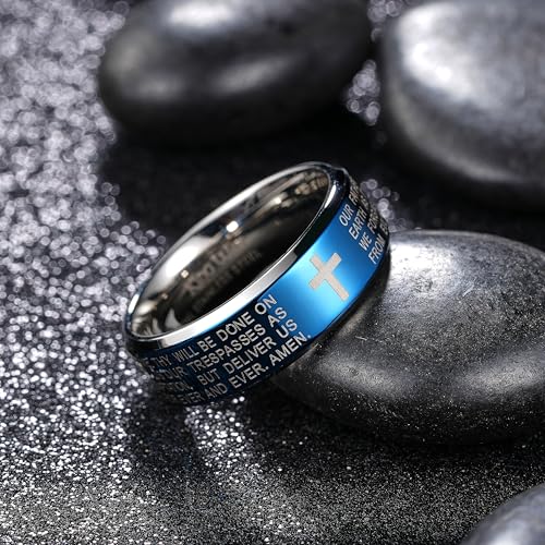 King Will Stainless Steel Men Ring Lord's Prayer Cross Ring Stainless Steel Men Wedding Ring, Wedding Band Bible Engraved Rings High Polished, Comfort Fit | 8mm, Gold/Silver/Black Wedding Band, Bible Engraved Rings, High Polished, Comfort Fit, Size 7-14 -