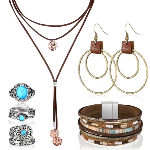 Ecally Bohemian Western Jewelry Turquoise Set Women Country Pendant Long Choker Layered Bracelets Earrings Ring for Women - color: Turquoise, style: Exquisite