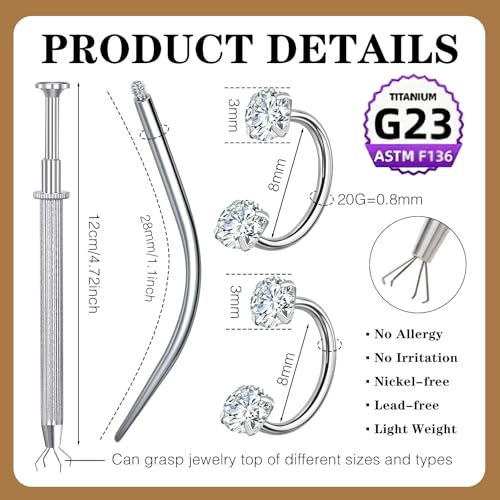G23 Titanium Horseshoe Nose Ring 20G, 2 Pcs Double Gem Nose Ring for Women, 6mm 7mm 8mm Hypoallergenic Horseshoe Nose Rings Helix Tragus Earring Hoops Labret Lip Piercing Jewelry Small Septum Rings - color: 2Pcs-Silver-White CZ