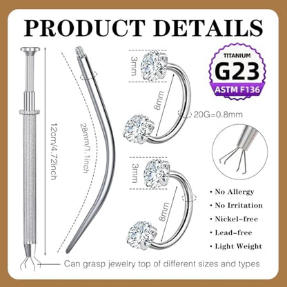 G23 Titanium Horseshoe Nose Ring 20G, 2 Pcs Double Gem Nose Ring for Women, 6mm 7mm 8mm Hypoallergenic Horseshoe Nose Rings Helix Tragus Earring Hoops Labret Lip Piercing Jewelry Small Septum Rings - color: 2Pcs-Silver-White CZ