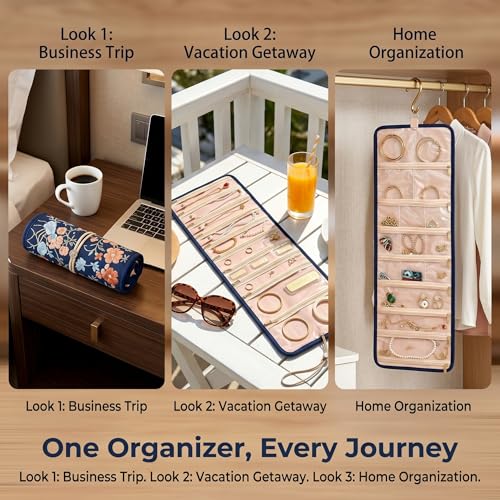 Embroidery Jewelry Roll Organizer Travel Jewelry Storage Roll Case Foldable Small Jewelry Pouch Jewelry Roll up Bag for Journey Rings, Necklaces, Earrings, Bracelets (Navy Blue) - color: Navy Blue