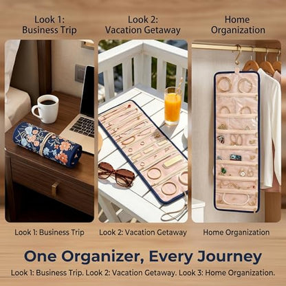Embroidery Jewelry Roll Organizer Travel Jewelry Storage Roll Case Foldable Small Jewelry Pouch Jewelry Roll up Bag for Journey Rings, Necklaces, Earrings, Bracelets (Navy Blue) - color: Navy Blue