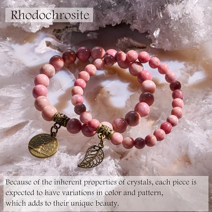 Bivei Natural Semi Precious Gemstone beads bracelet for women - Life Tree and Leaf Charm Energy Reiki Crystal Stretch Bracelets - color: Rhodochrosite Bracelet Set, size: Medium:6.8-7.24inch