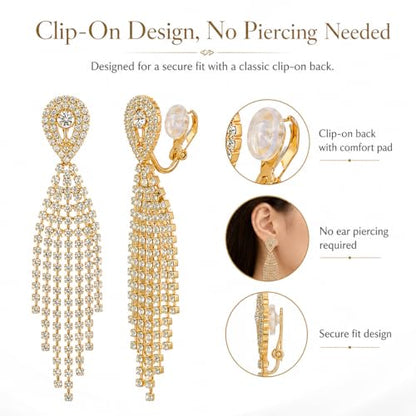 Rhinestone Clip on Earrings for Women Gold/Silver Prom Dresses 2026 Sparkly Chandelier Long Earrings Wedding Guest Jewelry - color: A:Gold Chandelier Clip on