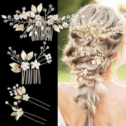 4 Pcs Bridal Gold Leaf Hair Pins, Wedding Hair Comb Accessories with Rhinestone Pearl Bridal Headpiece Jewelry for Brides Bridesmaids Women Girls Updo (Gold Leaf) - color: Gold-Leaf