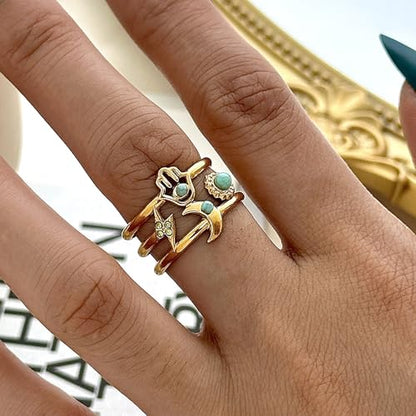 Todenb Turquoise Ring for Women，Gold Western Turquoise Open Ring Boho Stainless Steel Moon and Star Band Wrap Knuckle Rings Western Country Fashion Jewelry Accessories - color: big moon