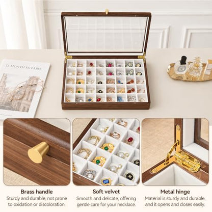 Black Walnut Wooden Jewelry Box, 40 Grid Earring Display Case for Women | Solid Wood, Earrings Organizer, Rings Stud Holder, Jewelry Tray, Glass Lid, Handcrafted, Velvet Lined, Gifts for Girls Mom - color: 40 Grids Jewelry Box