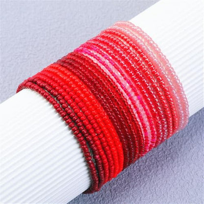 18Pcs Boho Stackable Beaded Bracelets for Women Colorful Handmade Multilayered Rice Beads Anklets Set Summer Beach Bohemian Jewelry Gift - color: Style 2 Red