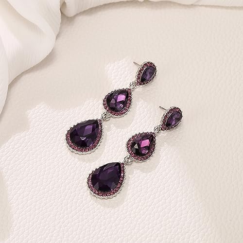 EleQueen Women's Crystal Teardrop Pear Shape 2.5 Inch Long Earrings | Dangle Earrings for Women, TearDrop Crystals Earrings for Bride Bridesmaid, Prom Jewelry for Wedding - color: Full Purple Silver-Tone
