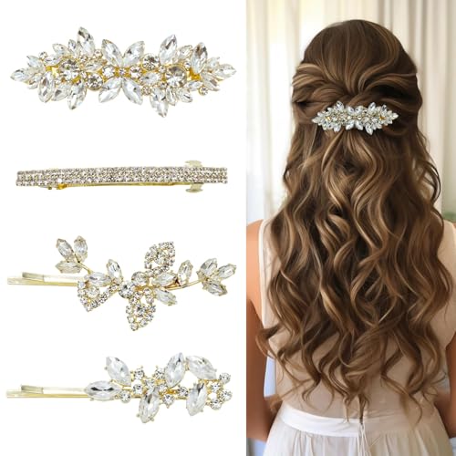 4 Pieces Rhinestone Hair Clips Gold Leaf Wedding Hair Pins Crystal Bobby Pins Gold Bridal Hairpin Barrette for Brides Bridesmaids Flower Girls - color: Gold