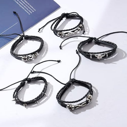 Braided Faux Leather Bracelet Punk Cuff Wrap Bracelets for Men Women Skull,Star,Bull bracelets - color: A7:5PCS