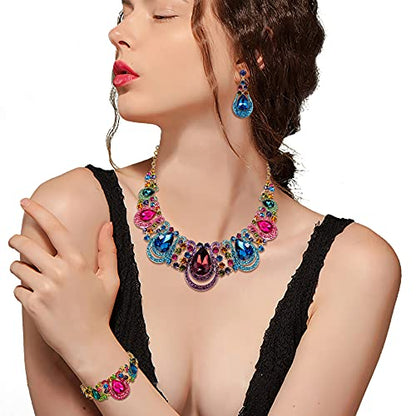 Women's Statement Jewelry Set for Wedding Prom Accessories | Shiny Teardrop Crystal Cluster Hollow Necklace Dangle Earrings Chain Bracelet Set for Bride Bridesmaid - color: Multi Colour Gold-Tone