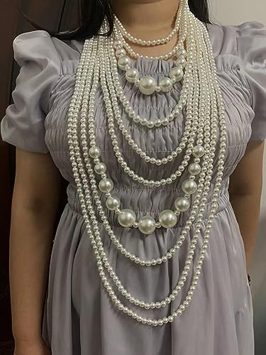 Multilayer Strand Chain Faux Pearls Flapper Beads Cluster Long Choker Necklace - color: White Necklace