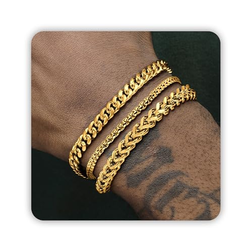 DAYANEY Mens Bracelet Silver and Gold Bracelet for Men Rakhi for Brother | Stainless Steel Cuban Chain Bracelet Set, Adjustable Bracelet for Men Jewelry Gifts for Boyfriend, Dad and Son - color: Gold Cuban,Box & Franco Chain, size: 7.1+1.2inches
