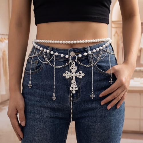 Jadive 5 Pieces Belt Chain Jeans Pants Pocket Waist Multi-Layer Hip Hop Metal Wallet Chain for Men Women - style: Cross