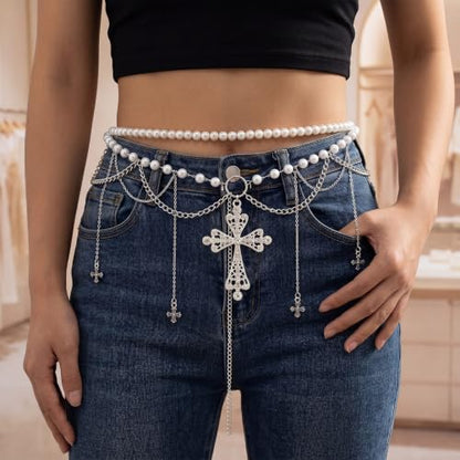 Jadive 5 Pieces Belt Chain Jeans Pants Pocket Waist Multi-Layer Hip Hop Metal Wallet Chain for Men Women - style: Cross