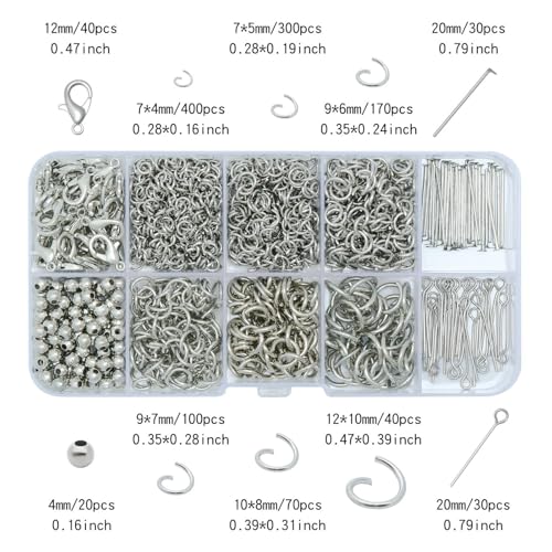 Jump Rings for Jewelry Making Kit, Open Jump Rings Jewelry Repair Kit for Necklace Bracelet, Lobster Clasps and Closures Repair Supplies Kit for Adult Crafters, (White Silver) - color: Silver